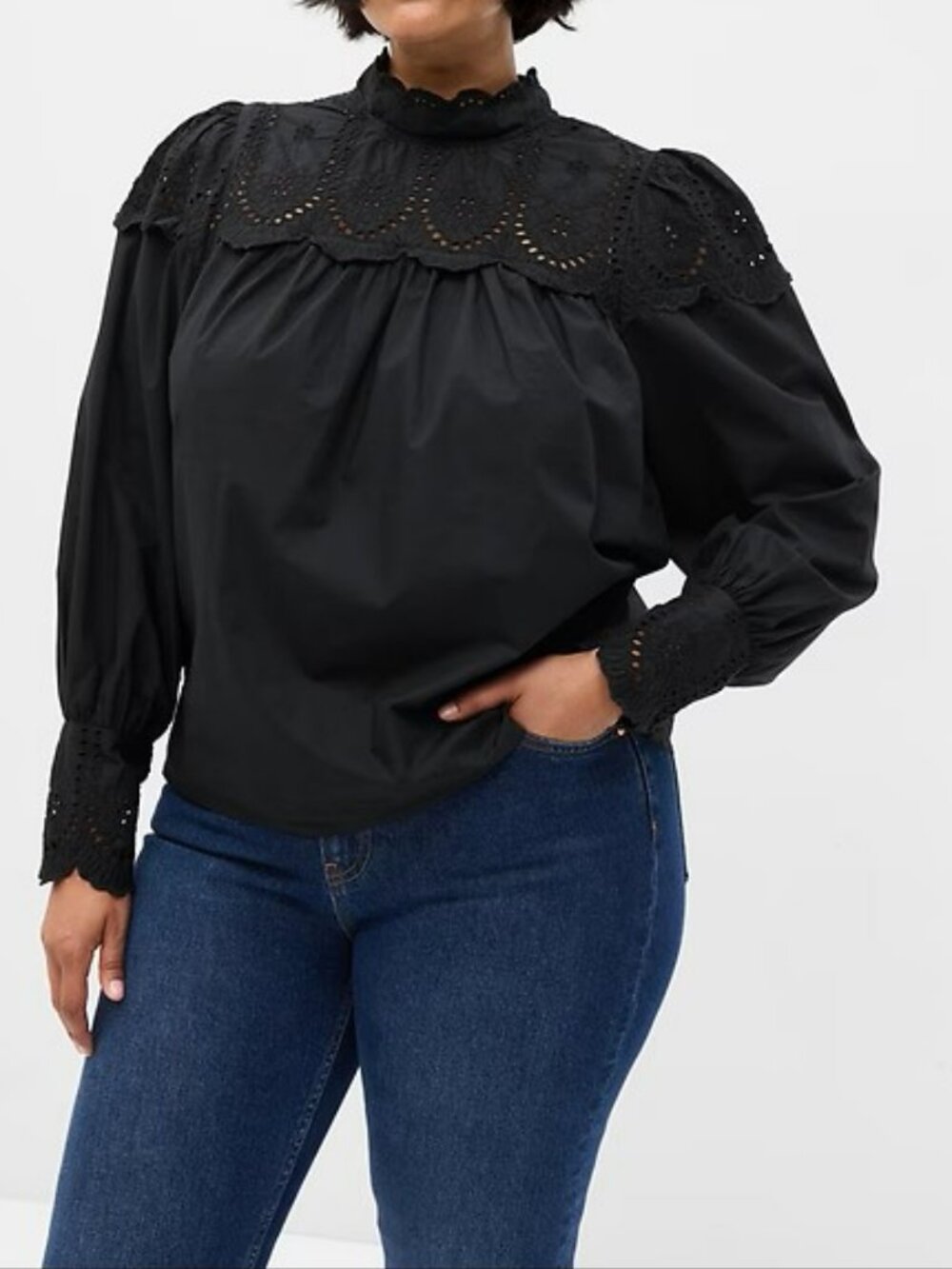 Retro Victorian Eyelet Mockneck Poets Blouse with Puff / Balloon Sleeves